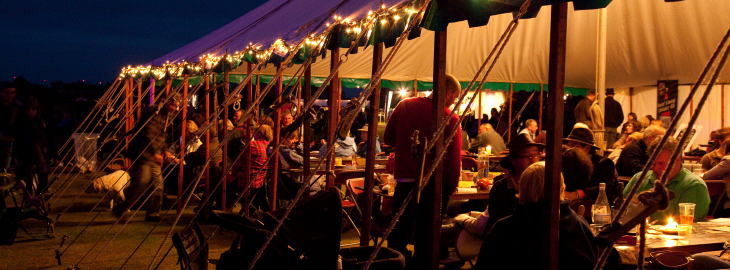 The festival marquee at night
